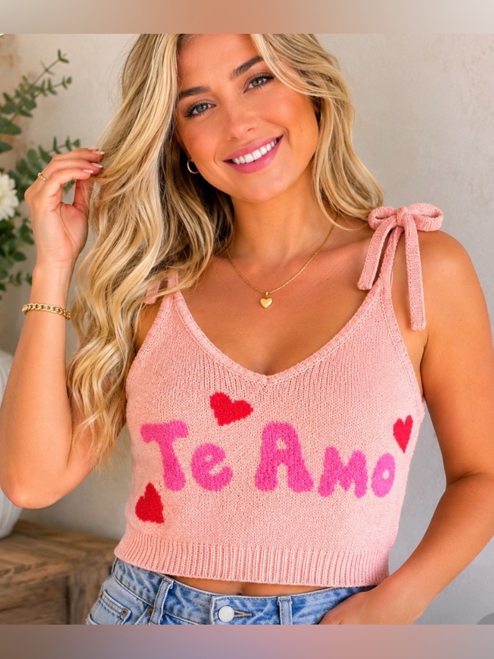 Miss Sparkling "Te Amo" Tie-Shoulder Sweater Tank Top – Size Medium